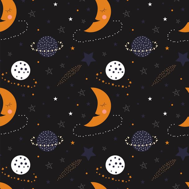 Бесшовный рисунок милых сонных лун, планет и звезд на черном фоне - Вектор,изображение