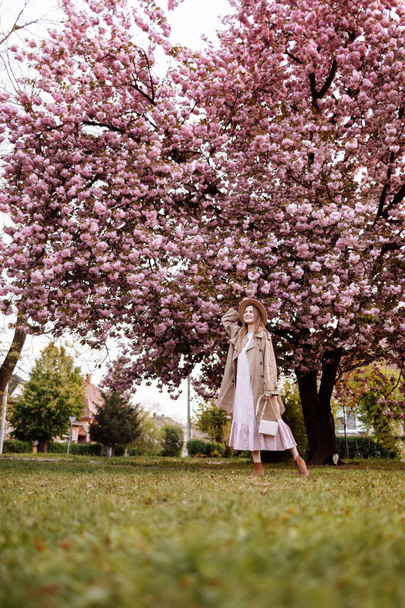Festa della donna. Bella donna vicino agli alberi di sakura. Donna in cappello, vestito e cappotto alla moda. Fiori rosa in fiore a Uzhhorod, Ucraina. Fioritura intorno. Concetto primavera - Foto, immagini