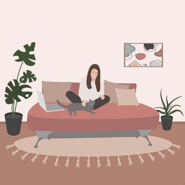 Ilustración del concepto de educación en línea con una chica en la habitación sentada en un sofá con un gato y un ordenador portátil. Stock vector ilustración - Vector, imagen