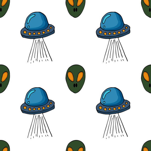 Hand draw aliens and ufo seamless pattern of vector objects and design elements isolated on white background. Trendy kids hand drawn seamless pattern with planets and rockets. Baby vector background illustration with space. Doodle style. Scandinavian - Photo, Image