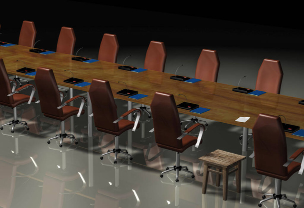 Poliitikkojen tuoli on samassa rivissä pöydässä, ja heidän edessään on vanha jakkara. 3d-renderointi. - Valokuva, kuva