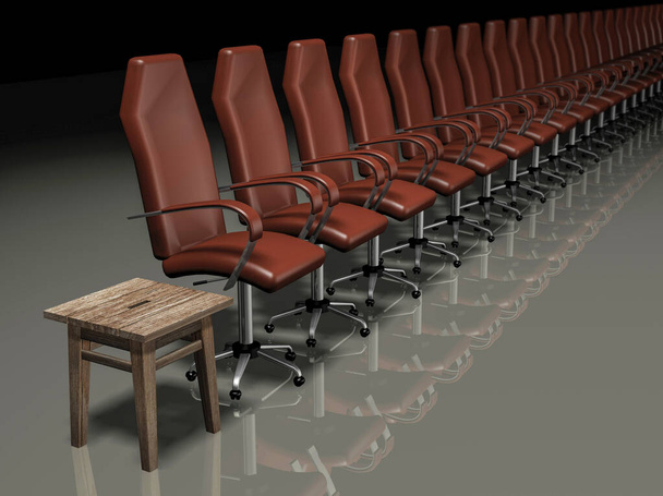 Der Stuhl der Politiker sitzt in derselben Reihe am Tisch, davor steht ein alter Hocker. 3D-Darstellung. - Foto, Bild