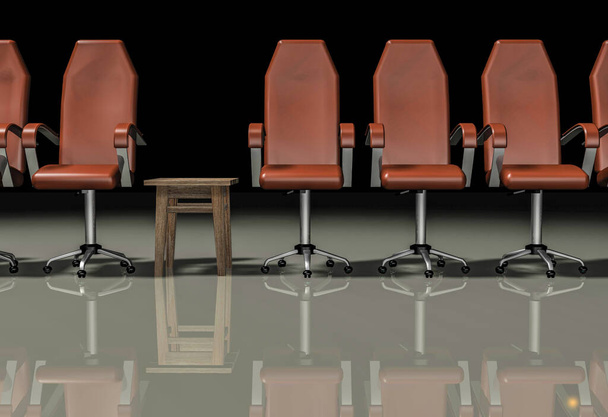 Židle politiků je ve stejné řadě u stolu a před nimi je stará stolička. 3D vykreslování. - Fotografie, Obrázek