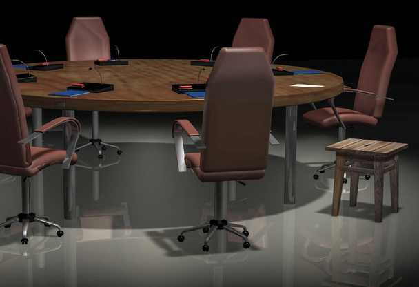 Ein runder Tisch, reiche Stühle, Mikrofone, ein Stück Papier und ein alter Hocker. 3D-Darstellung. - Foto, Bild