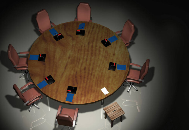 A round table, rich chairs, microphones, a piece of paper, and an old stool. 3d rendering. - Фото, зображення