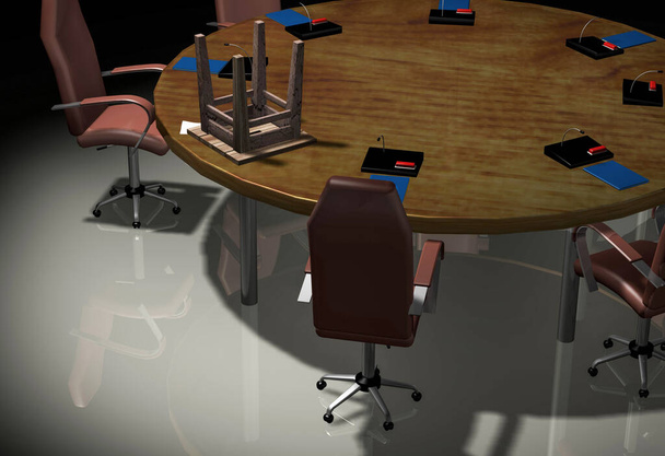  A round table, rich armchairs, and an old stool upside down. 3d rendering. - Foto, afbeelding