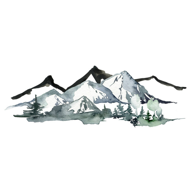 Watercolor and ink landscape of mountains and forest. Hand painted abstract winter fir and pine trees. Minimalistic illustrations isolated on white background. For design, print, fabric or background. - Photo, Image