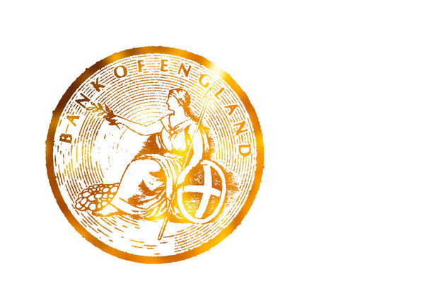Золотой блеск Знак Банка Англии вырезанный на банкноте весом 20 фунтов для дизайнерских целей - Фото, изображение