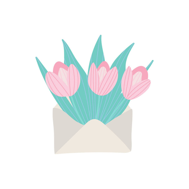 Ramo de flores de primavera en el sobre. Tarjeta de felicitación vectorial. - Vector, imagen