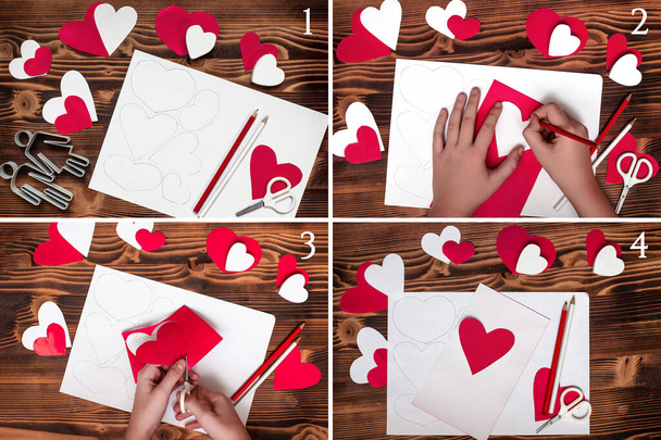 Instructions étape par étape pour créer du papier vierge en forme de coeur pour une Saint-Valentin, des guirlandes de cœurs ou des cartes postales - Photo, image