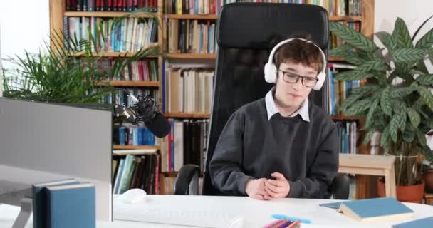  Happy and excited boy is doing fun and singing in lesson. Distance learning and communication online education - Footage, Video