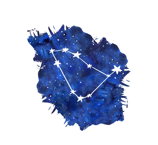 Kauris akvarelli horoskooppi merkkejä. Käsin piirretyt tähdet syvän sinisen galaksin taustakuvassa - Valokuva, kuva