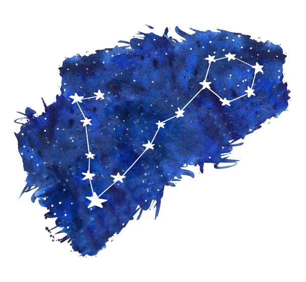 水彩画黄道標識。深い青色の銀河の背景イラストで描かれた手描きの星 - 写真・画像