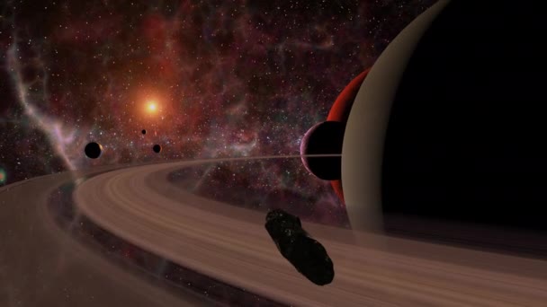 Interstellarer Asteroid Oumuamua in einem fiktiven Sonnensystem mit großen Planeten. 3d Oumuamua Modell: Credit: ESO / M. Kornmesse - Filmmaterial, Video