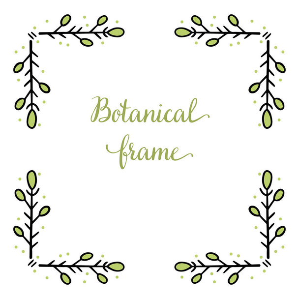 Square frame for text decoration in doodle style. Natural style, branches, plants, flowers. Black outline with colored accents on a white background. - Vecteur, image
