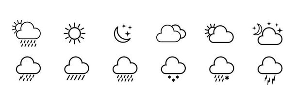 Időjárási jelzőszámok. Időjárási logó, vonal ikon. Esik, napos, havazik, felhős az elszigetelt fehér háttér. EPS 10 vektor - Vektor, kép
