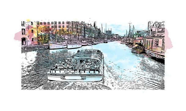 Tisk Pohled na budovu s orientačním bodem Kodaně je hlavním městem Dánska. akvarel splash s ručně kresleným náčrtem ilustrace ve vektoru - Vektor, obrázek