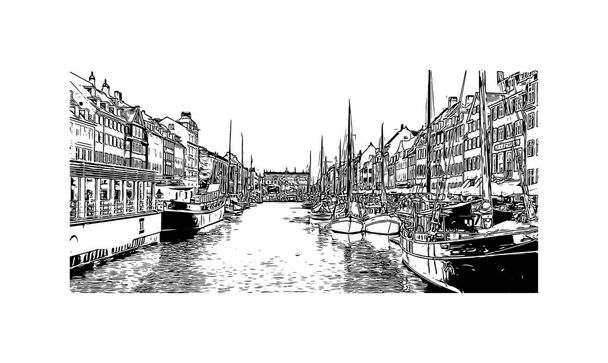 Blick auf das Gebäude mit dem Wahrzeichen von Kopenhagen ist die Hauptstadt Dänemarks. Handgezeichnete Skizzenillustration im Vektor. - Vektor, Bild