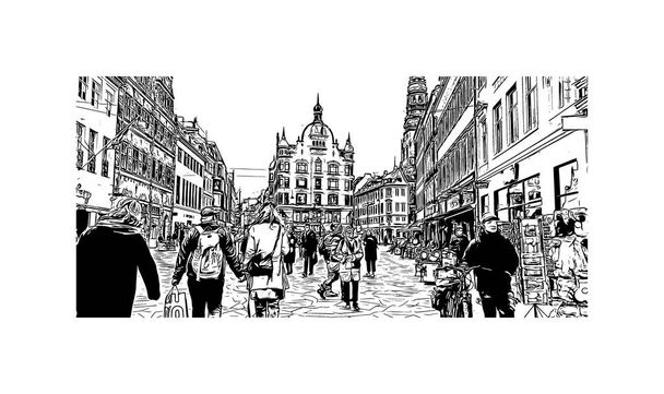 Print Building vista com marco de Copenhague é a capital da Dinamarca. Desenho desenhado à mão ilustração em vetor. - Vetor, Imagem