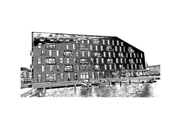 Print Вид на здание с достопримечательностью Копли - столица Дании. Ручной рисунок в векторе. - Вектор,изображение