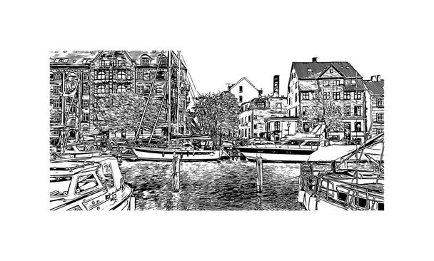 Print Gebouw uitzicht met bezienswaardigheid van Kopenhagen is de hoofdstad van Denemarken. Handgetekende schets illustratie in vector. - Vector, afbeelding