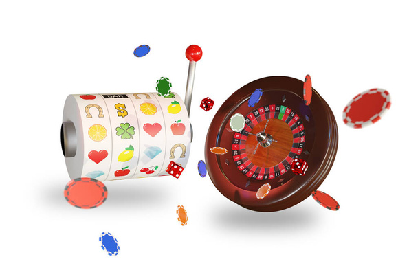 Slot machine, chips, dobbelstenen en een casino roulette wiel geïsoleerd op witte achtergrond. - Foto, afbeelding