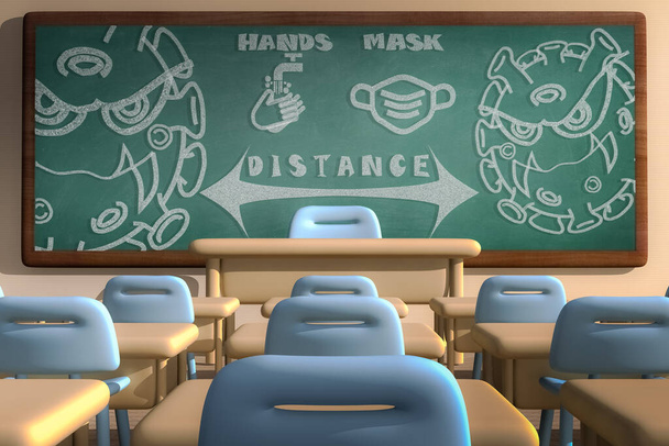 3D rendering of a Class Room with a Coronavirus Chalk Drawing on a Blackboard - Photo, Image