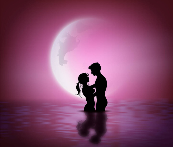 Ilustración de amor y día de San Valentín con silueta de pareja y media luna. - Vector, imagen