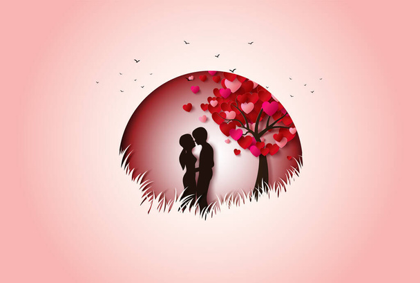 Illustrazione dell'amore e del giorno di San Valentino, con bacio.carta arte e origami stile amante. - Vettoriali, immagini