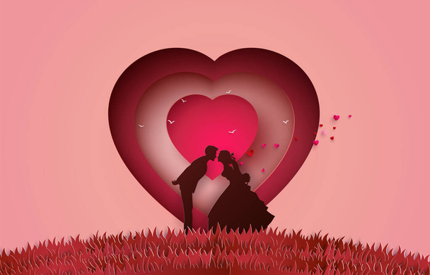 恋人のキスで愛とバレンタインデーのイラスト。紙アートと折り紙のスタイル. - ベクター画像