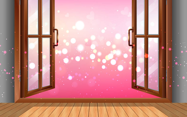 dřevěný stůl u dřevěných oken s růžovým světlým pozadím - Vektor, obrázek