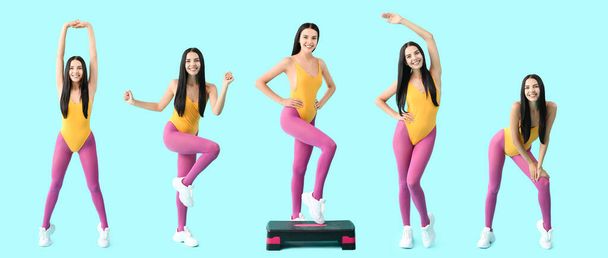 Renkli arka planda aerobik yapan genç kadın kolajı - Fotoğraf, Görsel