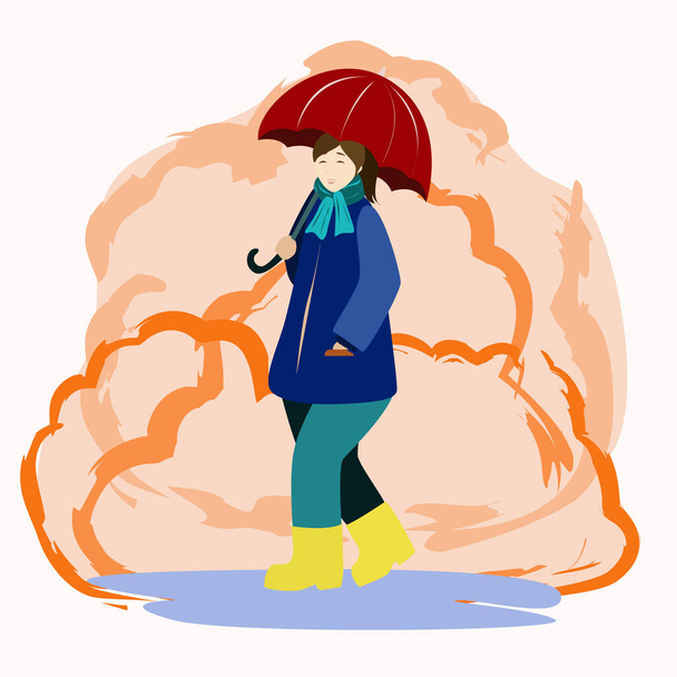 A woman walks under an umbrella through puddles in autumn - Vetor, Imagem