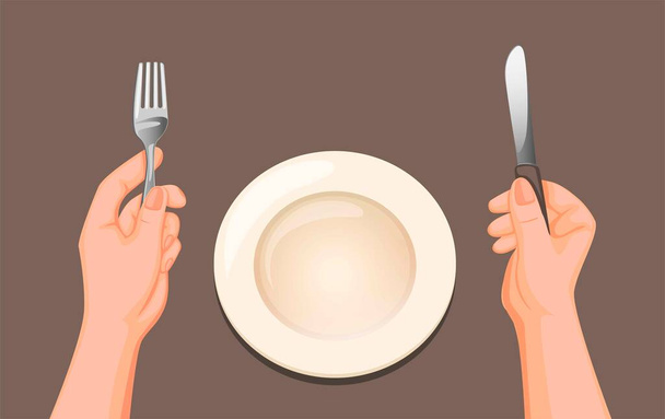 手持ちのナイフと漫画のイラストベクトルでシンボルを食べる準備ができてトップビューから設定された皿刃物でフォーク - ベクター画像