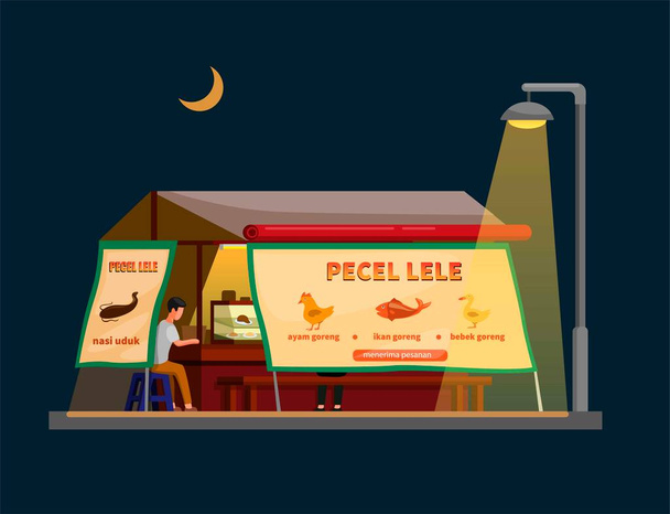 Pecel lele γνωστός και ως γατόψαρο τηγανητό ινδονησιακό παραδοσιακό δρόμο πωλητή τροφίμων stall στη νυχτερινή σκηνή εικονογράφηση φορέα κινουμένων σχεδίων - Διάνυσμα, εικόνα