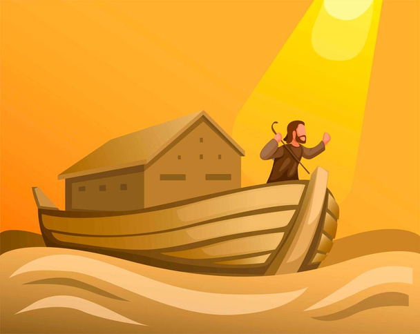 Noah in der Arche in großer Flut in biblischem Szenenkonzept in Cartoon-Illustrationsvektor - Vektor, Bild
