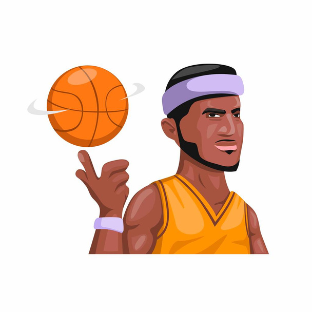 баскетболіст обертається м'яч в руці, темна шкіра чоловік професійний спортсмен спортивний талісман в мультиплікаційній ілюстрації вектор на білому тлі
 - Вектор, зображення