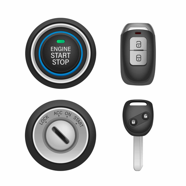 sleutelloze en sleutelgat auto met afstandsbediening icoon set. Start stop motor knop symbool in realistische illustratie vector op witte achtergrond - Vector, afbeelding