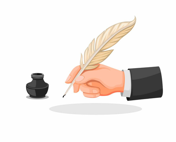 Hand Holding Feather Pen en Ink Well symbool pictogram ingesteld in cartoon Illustratie Vector geïsoleerd in witte achtergrond - Vector, afbeelding