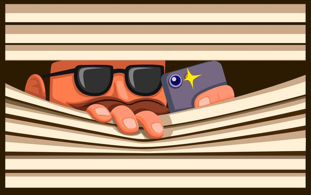Man Wear Black Glasses Capture Foto com Smartphone por trás cortina, cara escondendo e tirando foto conceito de cena desenho animado ilustração vetor - Vetor, Imagem