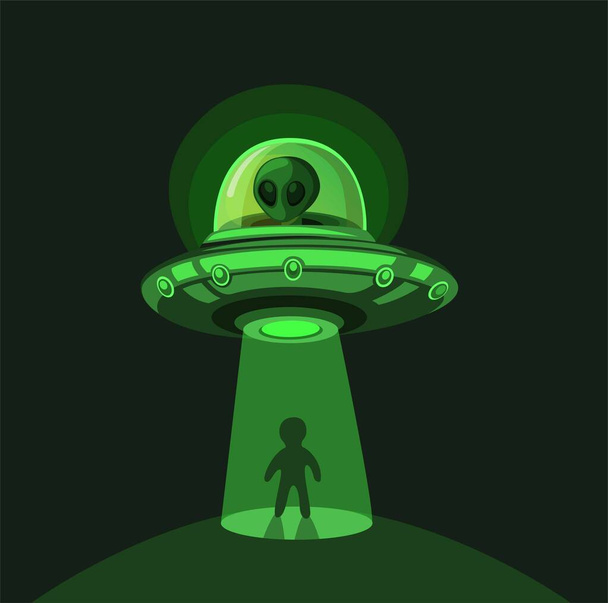 Buitenaardse invasie op aarde. Vliegende Ufo ontvoering met lichtstraal op Night Scene Concept in stripverhaal illustratie Vector - Vector, afbeelding