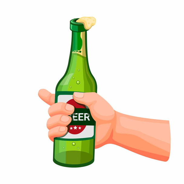 Mão segurando garrafa de cerveja de vidro, álcool beber conceito em desenho animado ilustração vetor isolado em fundo branco - Vetor, Imagem