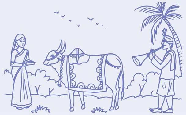 Dibujo o boceto de esquema Ilustración editable de un festival de cosecha tradicional de la India Makara Sankranti o Pongal Celebración con la fabricación de dulces y jugar con la vaca como Jallikattu en un pueblo. - Vector, imagen