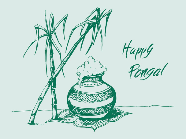 Rajz vagy vázlat vázlatos szerkesztése Illusztráció egy indiai hagyományos szüreti fesztivál Makara Sankranti vagy Pongal Ünnep készítésével édességek és játszani Tehén, mint egy Jallikattu a falvakban. - Vektor, kép