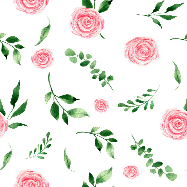 Watercolor seamless pattern with pink roses and green foliage on a white background. Hand-drawn. For textiles, packaging, wedding design, invitations, greetings. - Fotografie, Obrázek