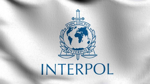 Σημαία της Ιντερπόλ ή της Διεθνούς Οργάνωσης Εγκληματολογικής Αστυνομίας. 3D απεικόνιση της απεικόνισης του σήματος κυματίζει. - Φωτογραφία, εικόνα