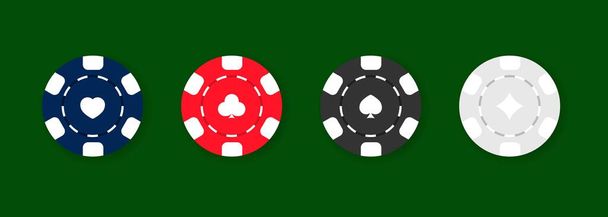 Casino chips pictogram set. Pokeren. Blauwe, rode, zwarte en groene chips. Vector op geïsoleerde groene achtergrond. EPS 10 - Vector, afbeelding