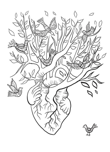 Coeur poussant un arbre et des oiseaux. Illustration monochrome line-art. - Vecteur, image