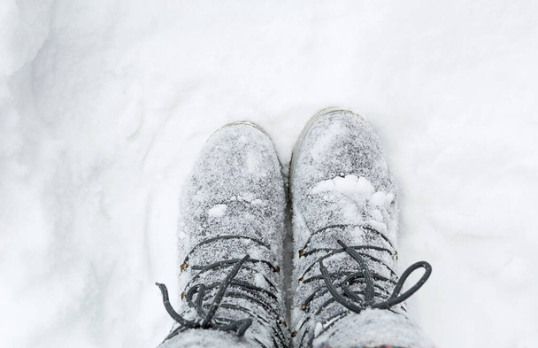 The boots on the laces are covered with snow. Winter, snowfall, cold, felted wool shoes, frost protection, frost resistance. Life in the village, cottage core, authenticity. Close-up, copyspace - Foto, afbeelding