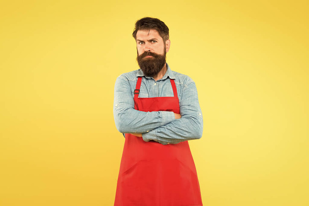 commercial kitchen. Entrepreneur in his modern look. bearded chef or waiter wearing red apron. brutal waiter or barista. Barber man in an apron with long beard. handsome confident guy master - Фото, зображення